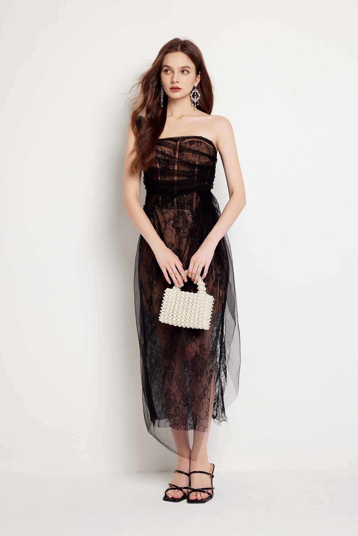 Women Summer Fishbone Lace Gauze Slit Slim Sexy Dress