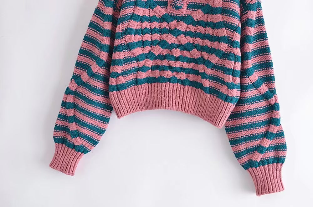 Women Clothing Autumn Winter Street Striped Eight Strand Knitted Sweater