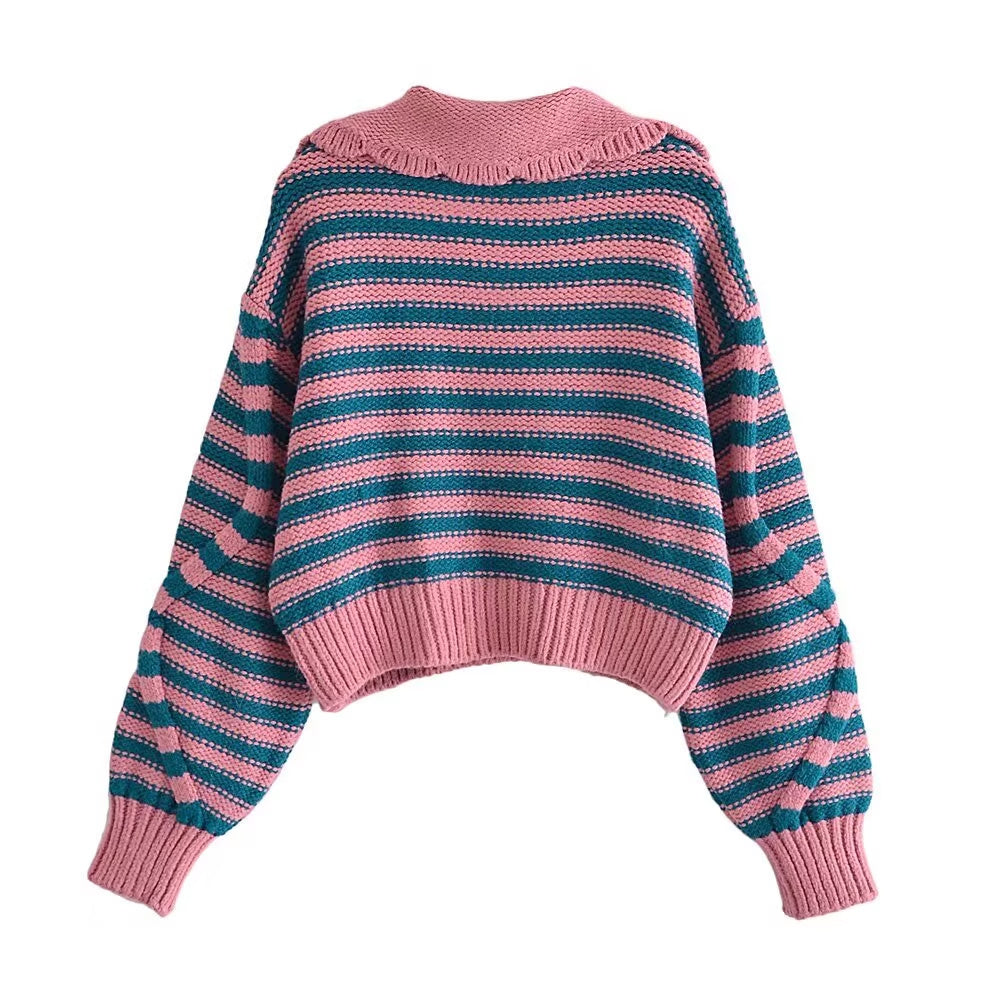 Women Clothing Autumn Winter Street Striped Eight Strand Knitted Sweater