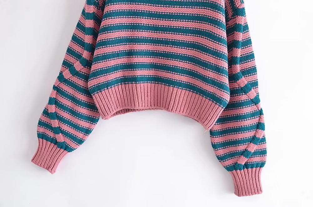 Women Clothing Autumn Winter Street Striped Eight Strand Knitted Sweater