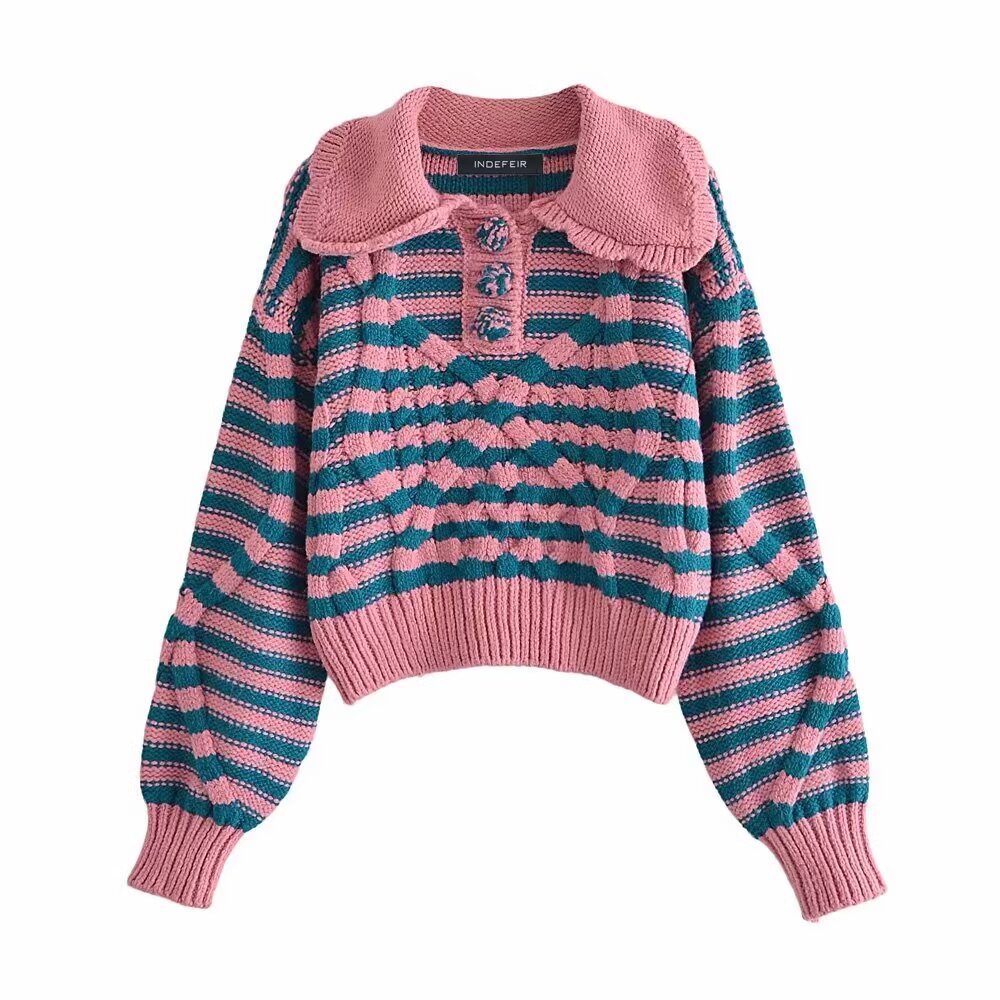 Women Clothing Autumn Winter Street Striped Eight Strand Knitted Sweater Stripe