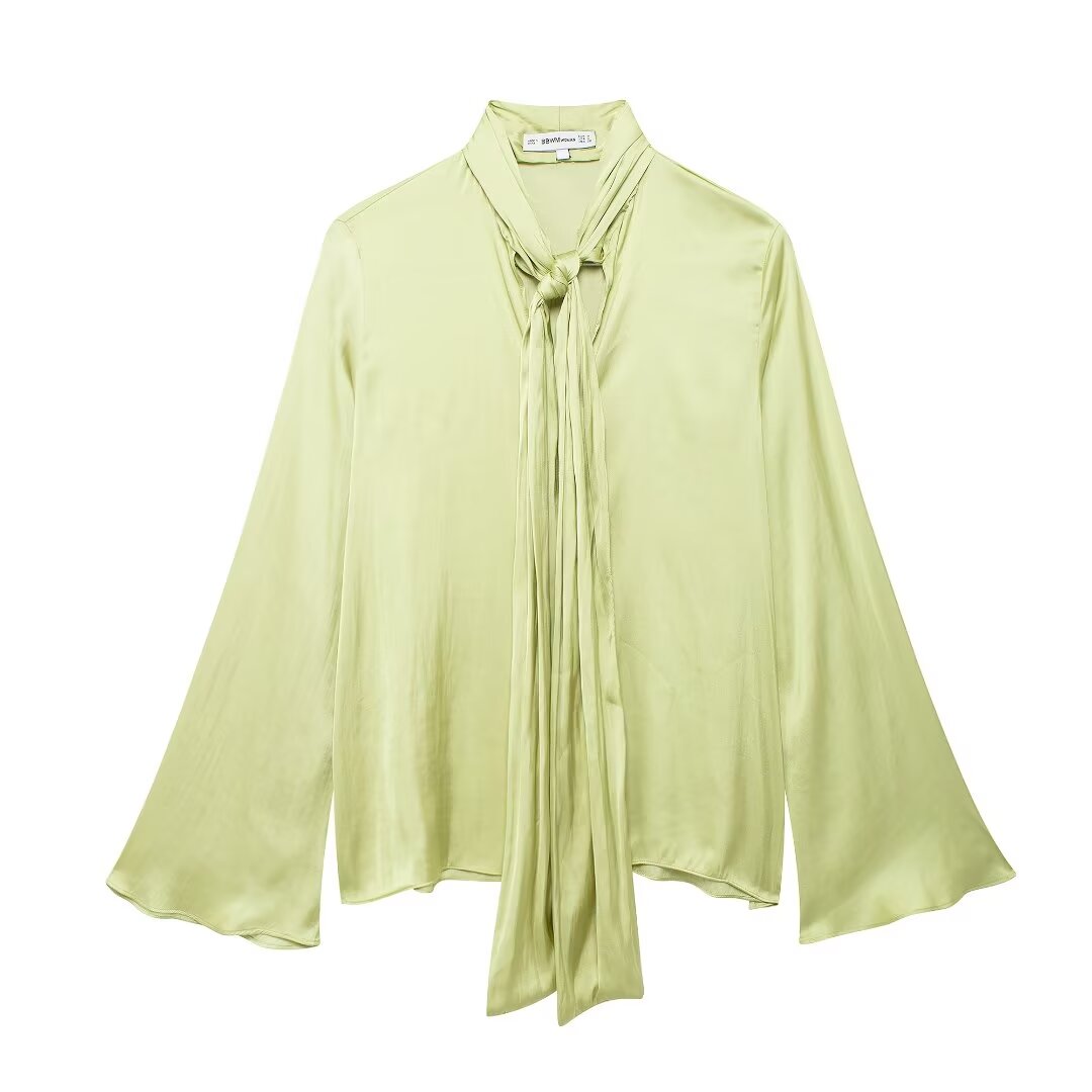 Autumn Women Casual Elegant Graceful Bowknot Decoration Shirt Green