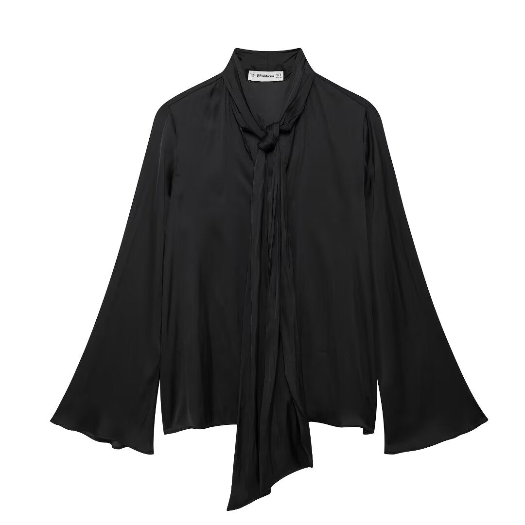 Autumn Women Casual Elegant Graceful Bowknot Decoration Shirt Black