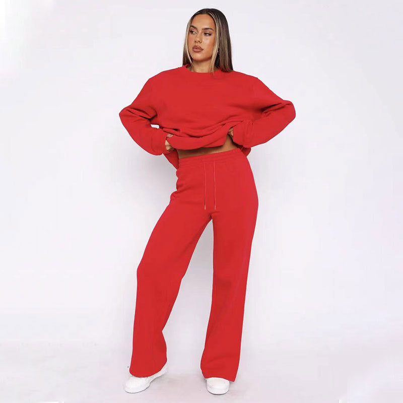 Autumn Winter Solid Color Loose Long Sleeves round Neck Women Casual Wide eg Pants Sets