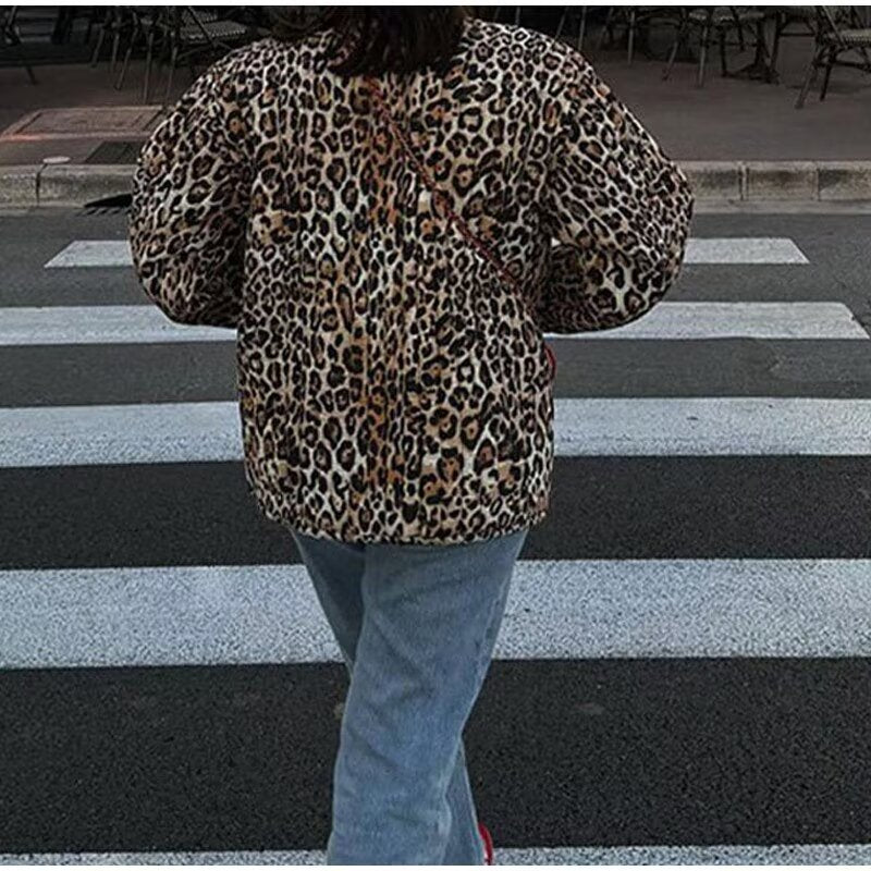 Women Clothing Autumn Winter Round Neck Animal Pattern Printing Lace Up Long Sleeve Cotton Coat Jacket