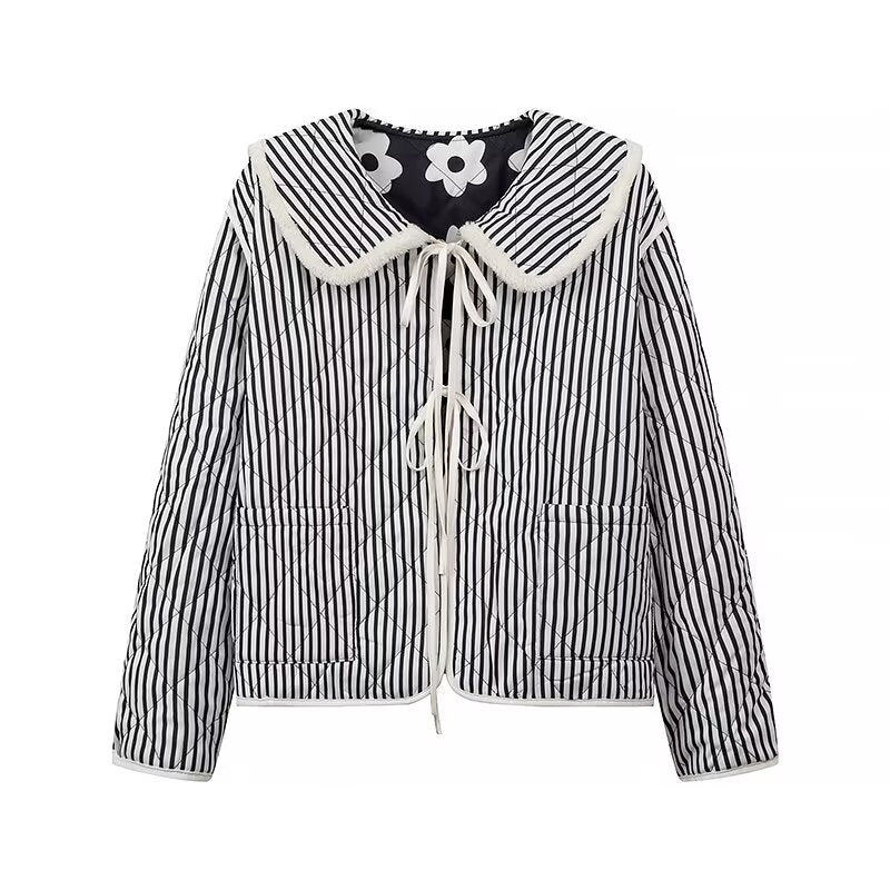 Women Clothing Autumn Winter Collared Double Sided Printing Lace Up Peter Pan Collar Cotton Coat Jacket