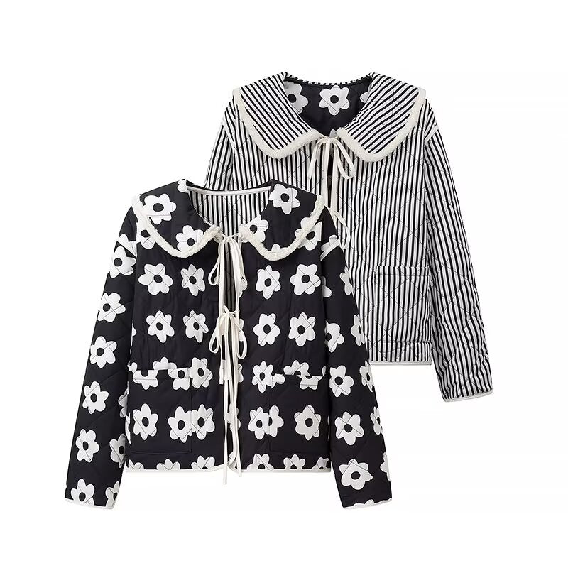 Women Clothing Autumn Winter Collared Double Sided Printing Lace Up Peter Pan Collar Cotton Coat Jacket