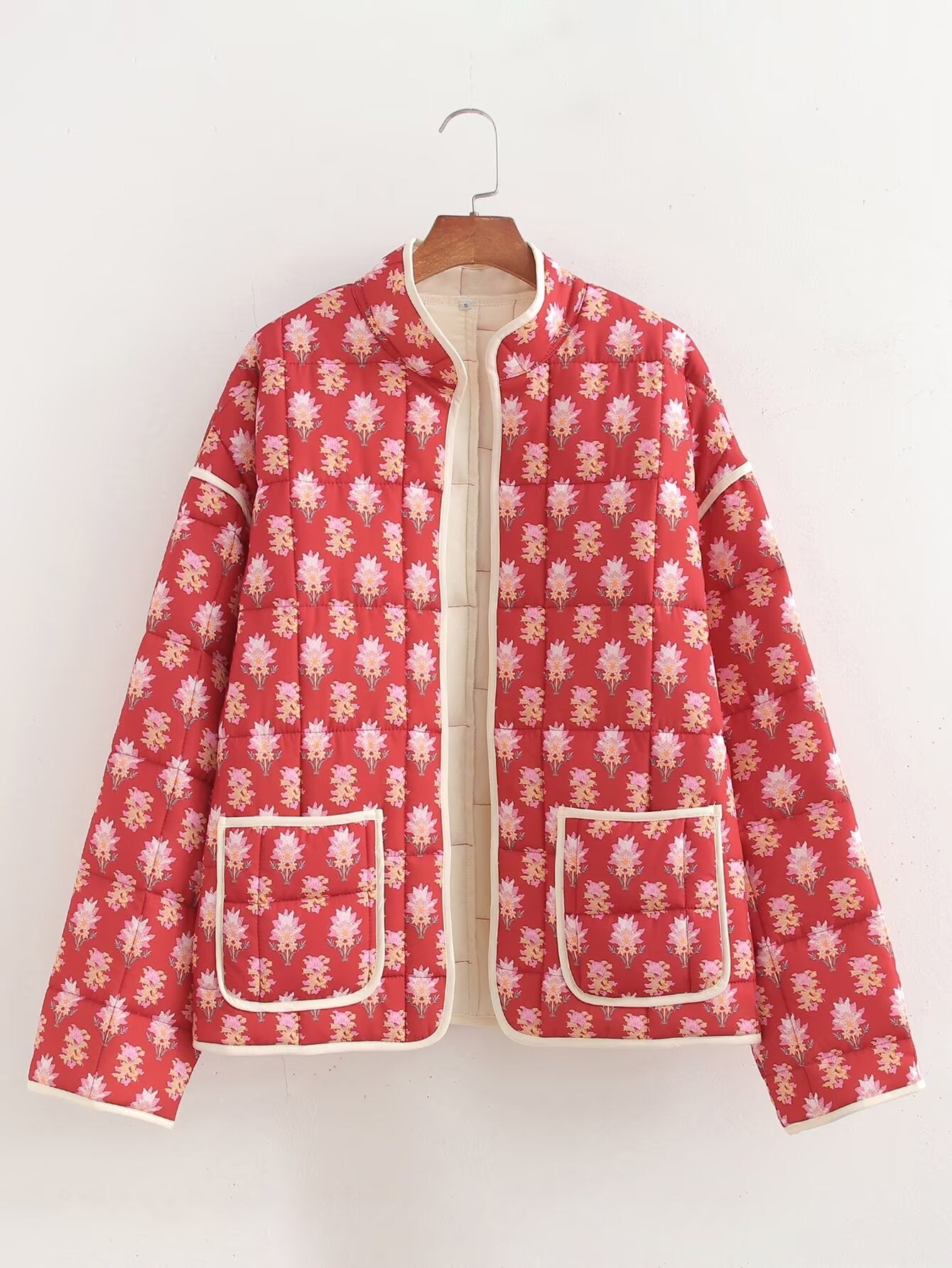 Fall Women Clothing Casual Simple All Matching Printed Cotton Coat Jacket Red