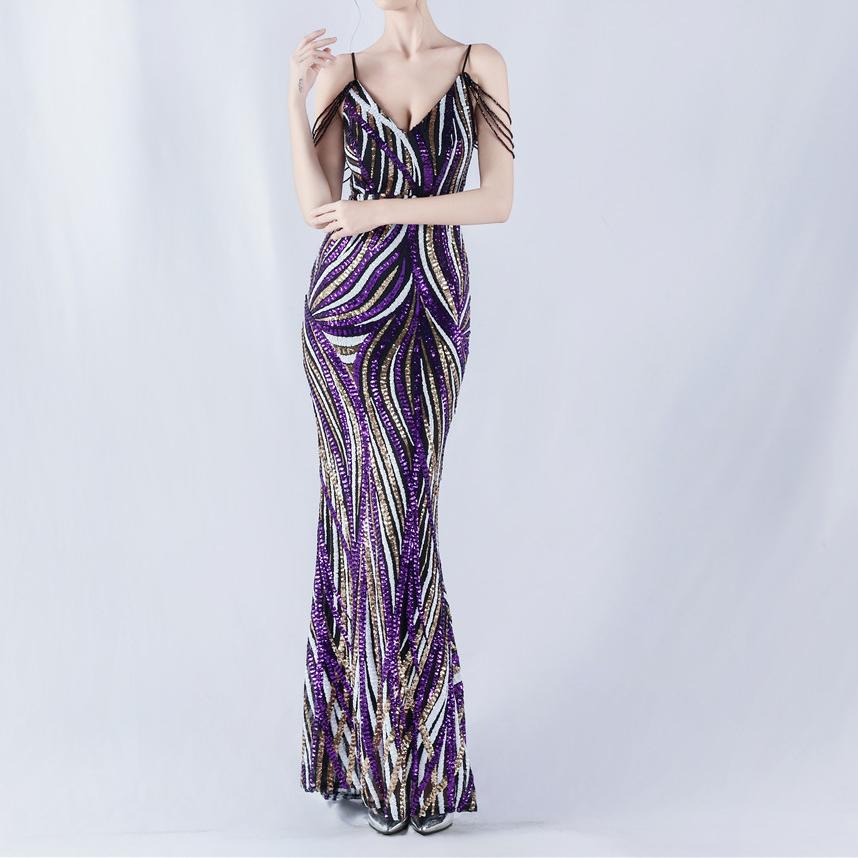 Sequin Stripes Contrast Color Fit Dinner Host Annual Meeting Sling Maxi Dress Women