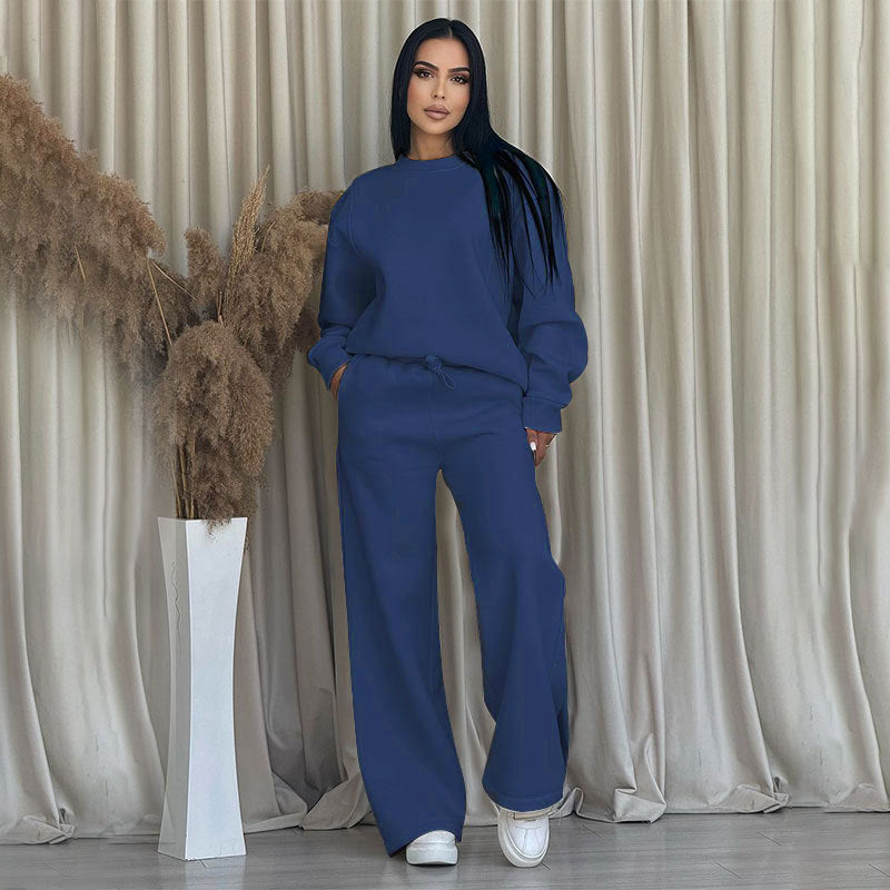 Autumn Winter Solid Color Round Neck Long Sleeve Loose Women Wear Casual Wide Leg Pants Suit