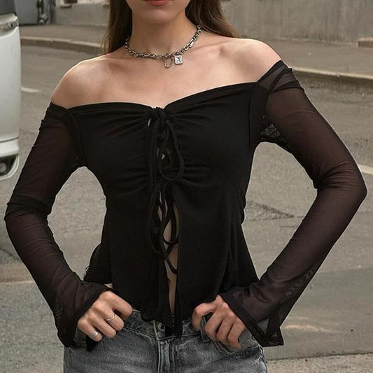 Off Shoulder Mesh Lace Up Cutout Mesh Micro Transparent Long Sleeved Top Women