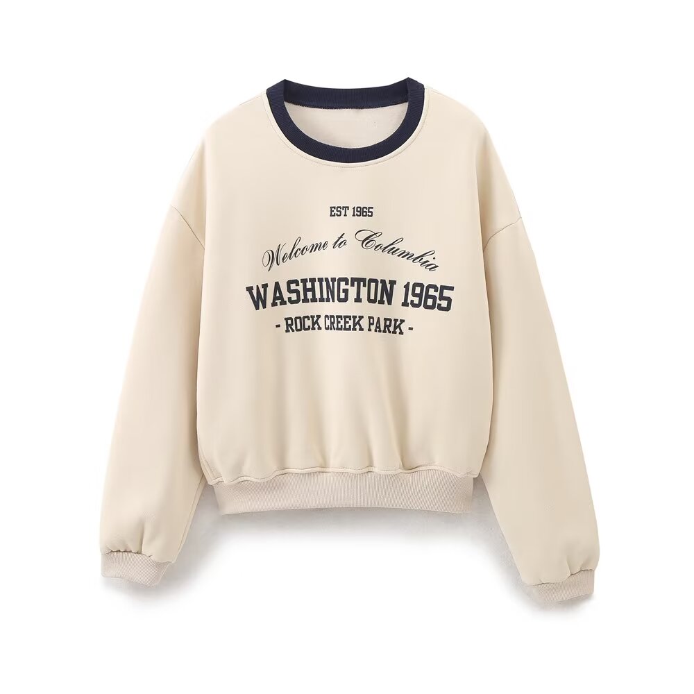 College Loose All Match Letters Printed round Neck Long Sleeve Sweater Apricot