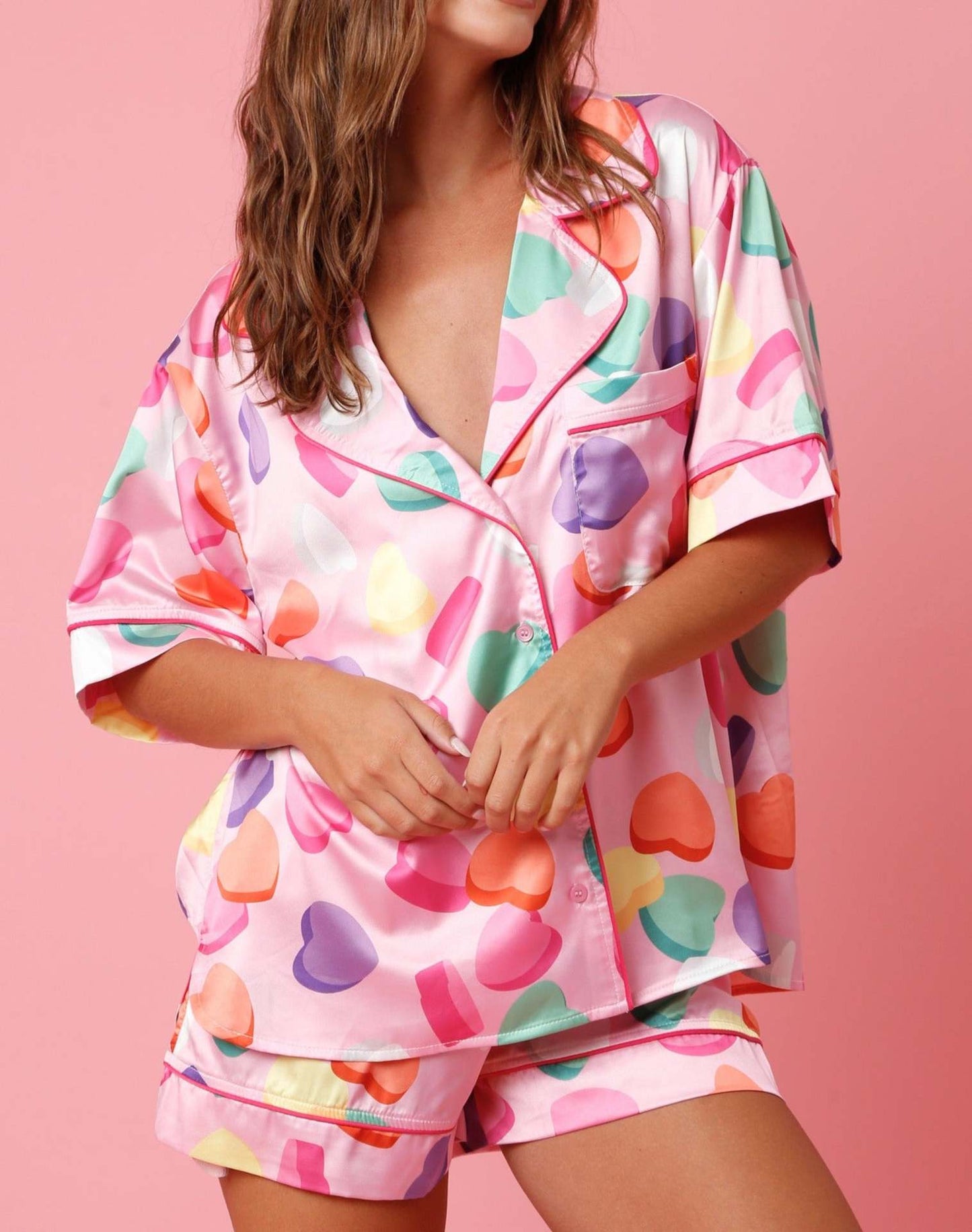 Spring Summer Satin Printed Two Piece Set Home Wear Pajamas for Women