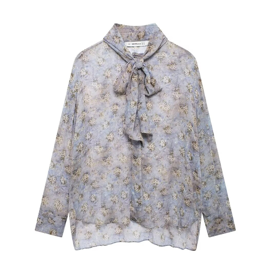 Fall Women Clothing Stylish Simple Bowknot Decoration Shirt Blue Gray