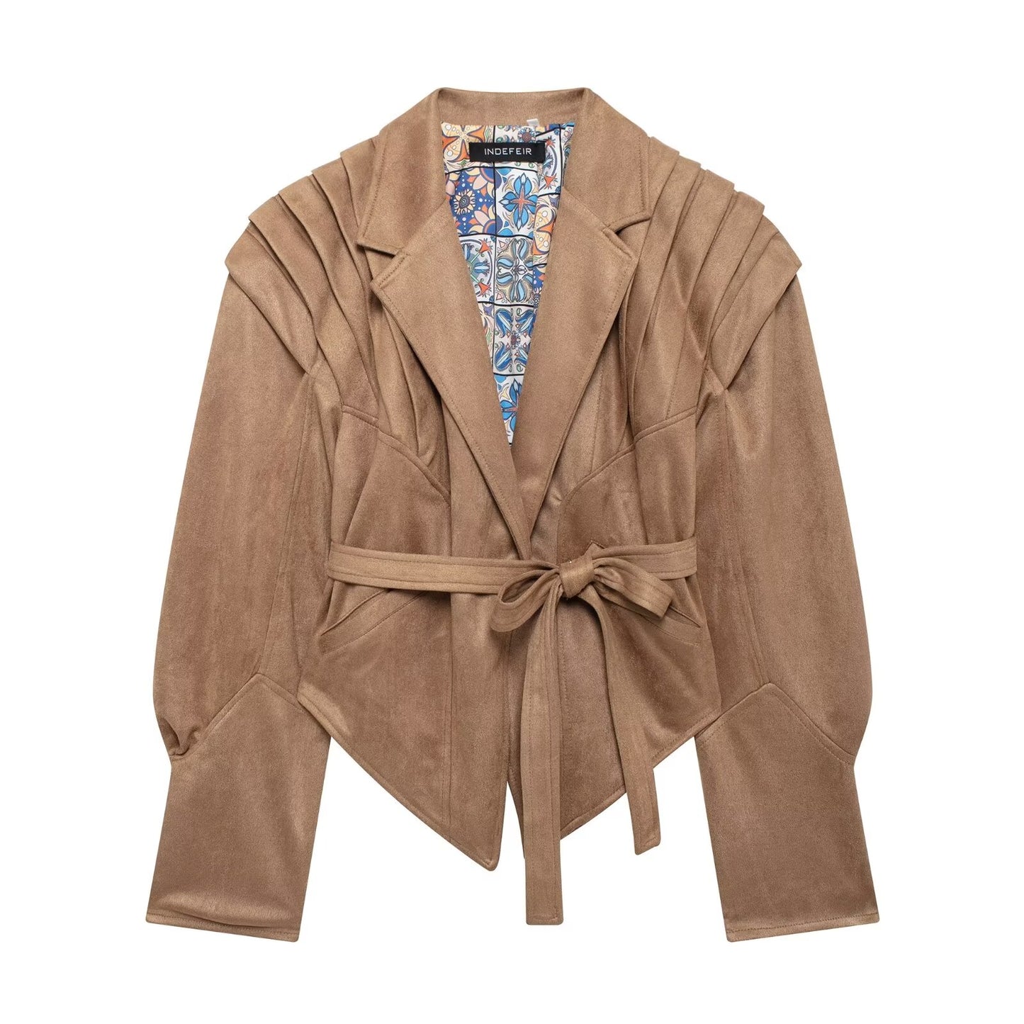 Autumn Waist Trimming Lace Up Suede Pleated Jacket Coat