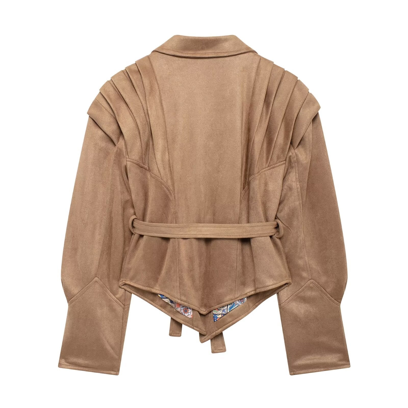 Autumn Waist Trimming Lace Up Suede Pleated Jacket Coat