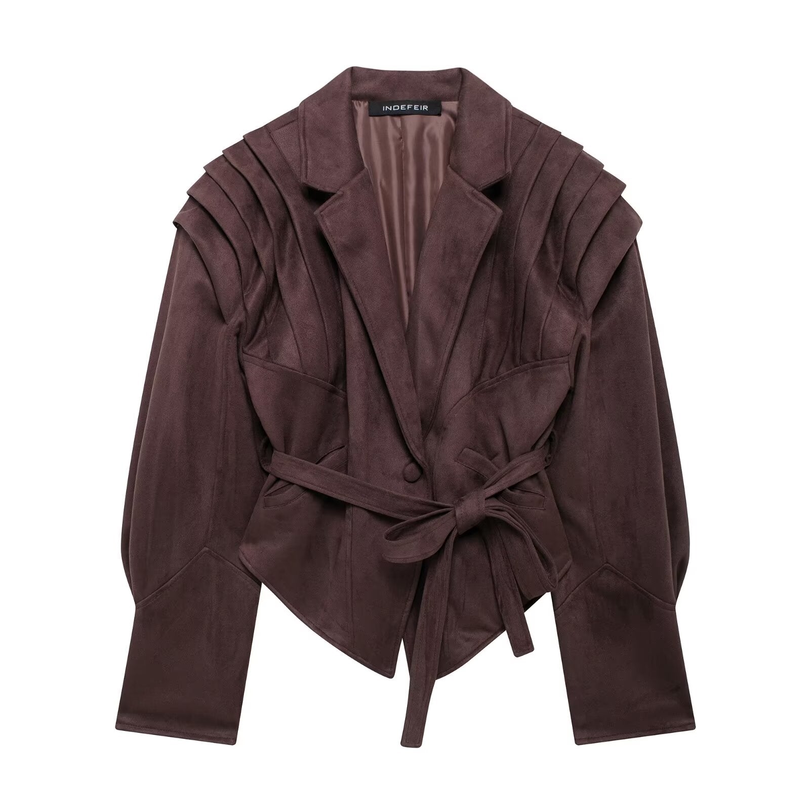 Autumn Waist Trimming Lace Up Suede Pleated Jacket Coat