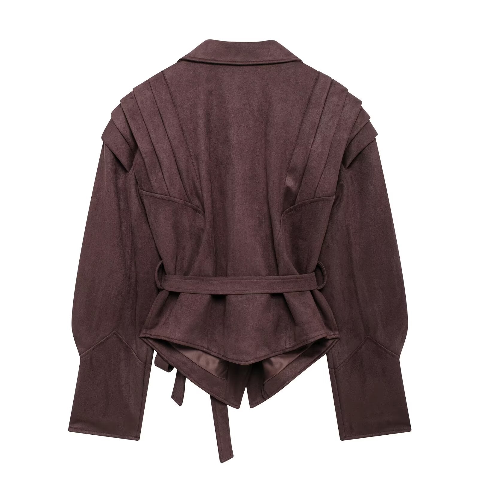 Autumn Waist Trimming Lace Up Suede Pleated Jacket Coat