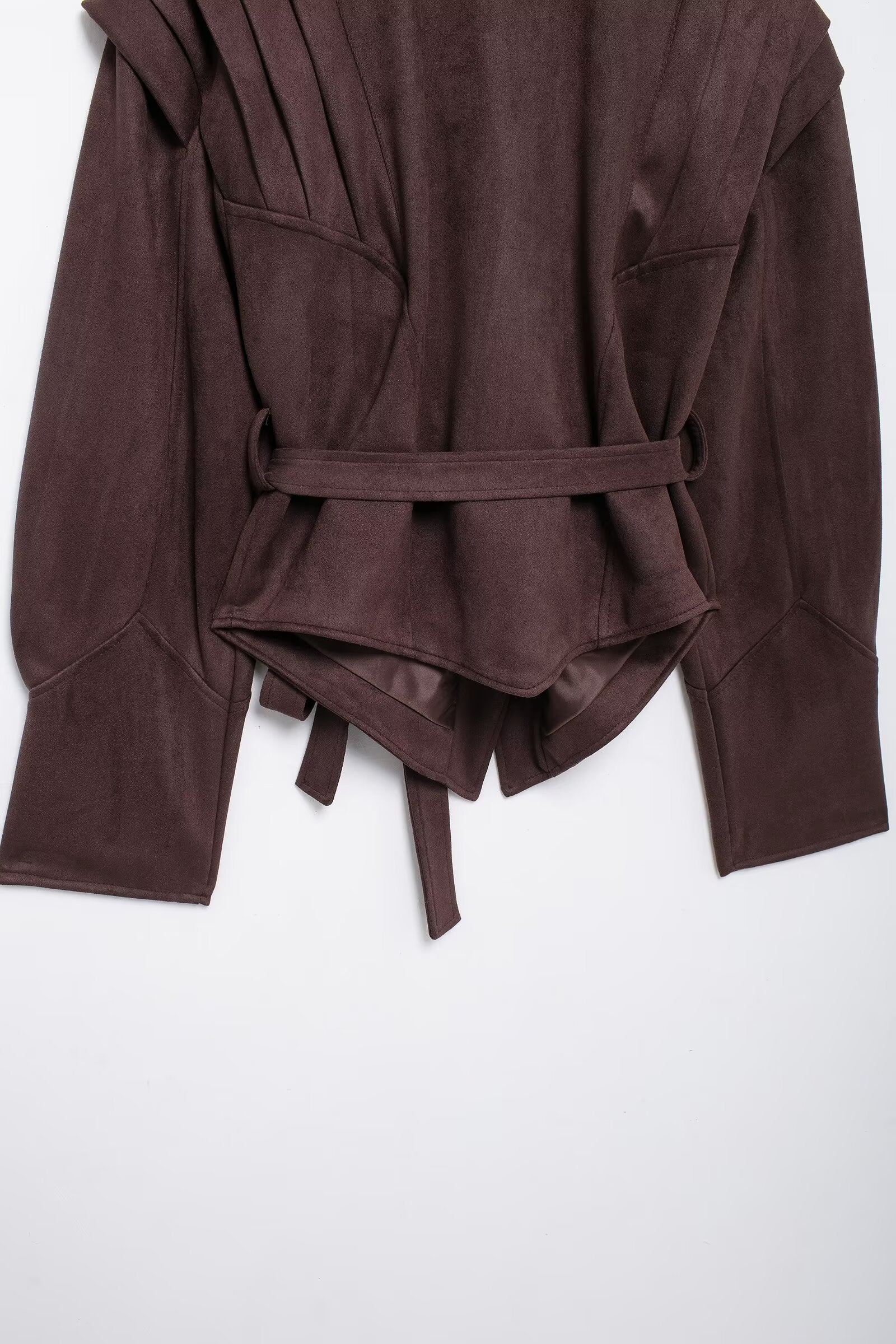 Autumn Waist Trimming Lace Up Suede Pleated Jacket Coat