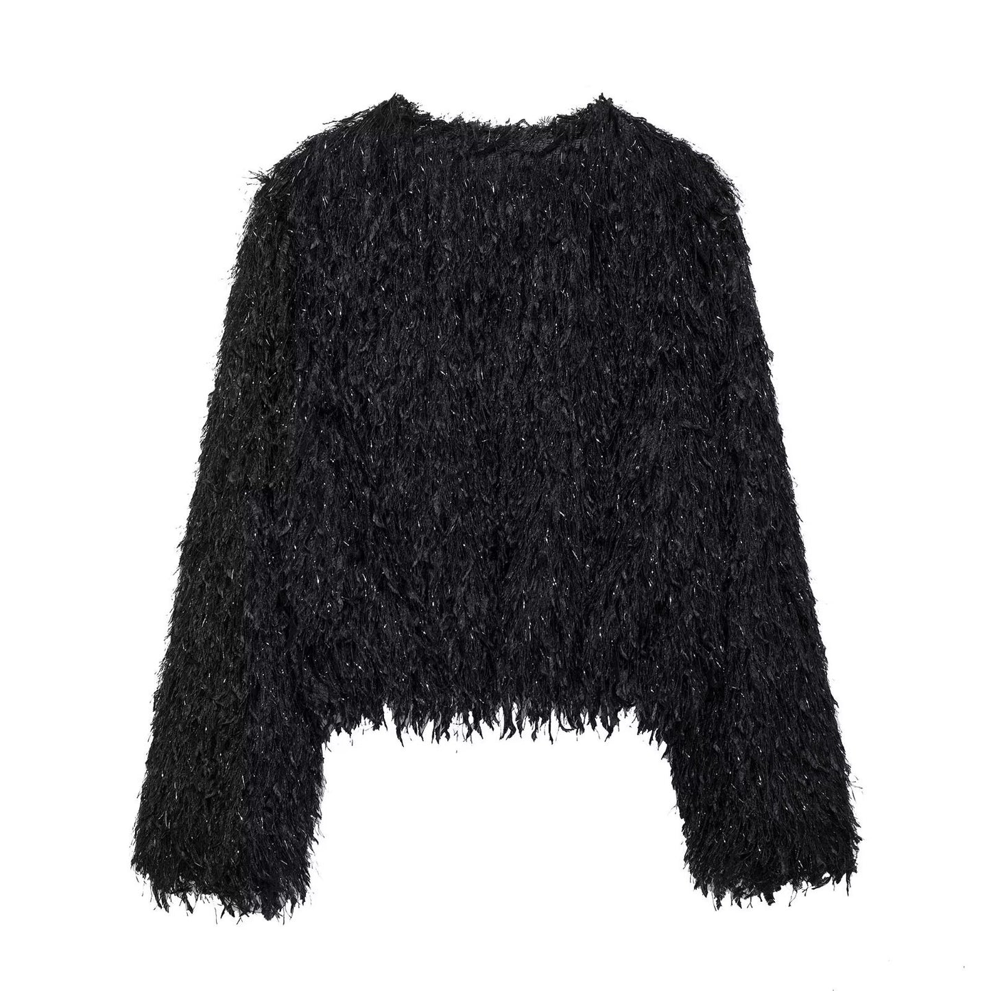 Autumn Winter Metal Trim Crew Neck Coat Furry Fashionable Sexy Tassel Fur Coat Women Socialite