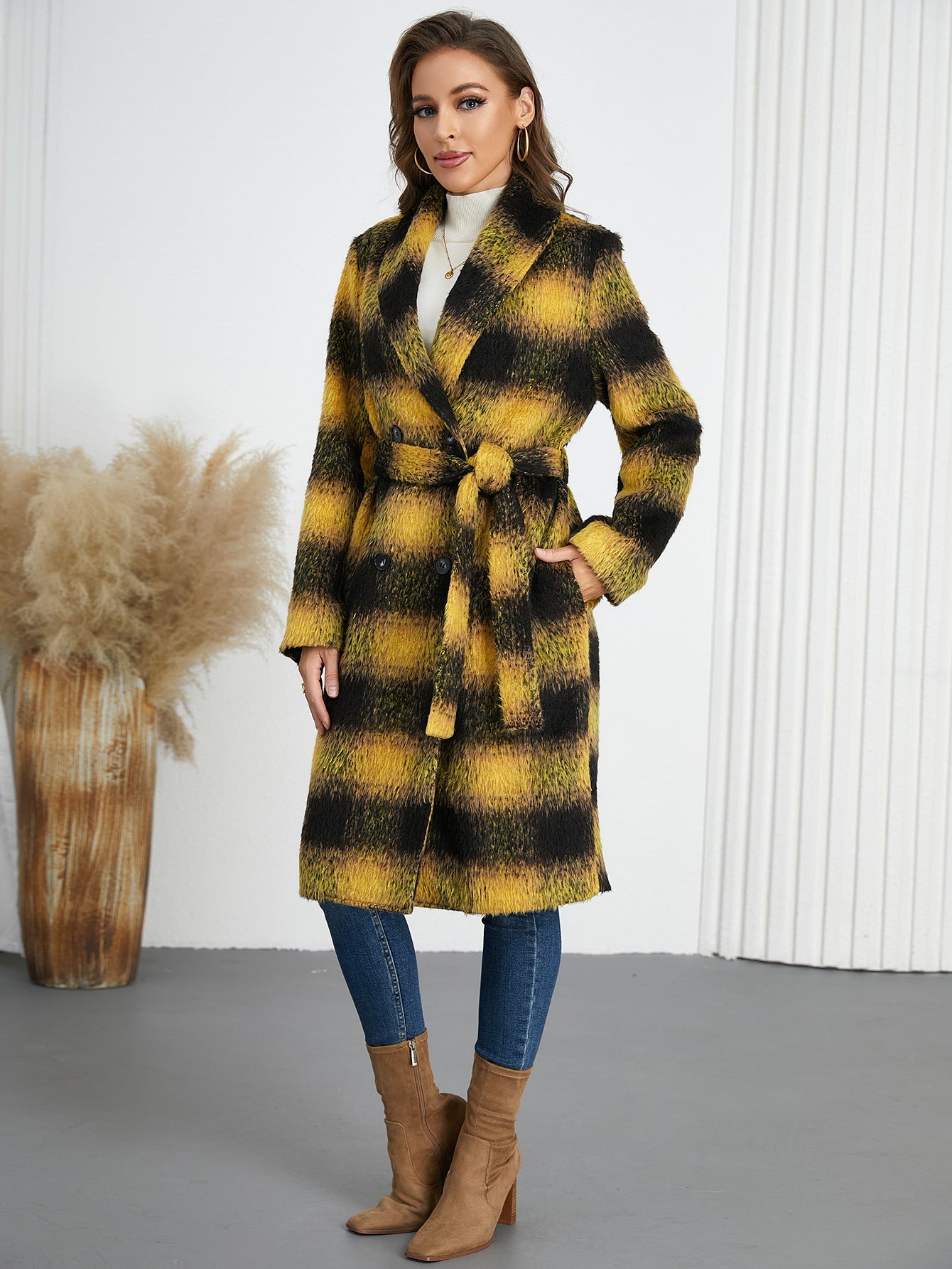 Winter Retro Gradient Color Plaid Coat Slim Double Breasted Mid Length Coat