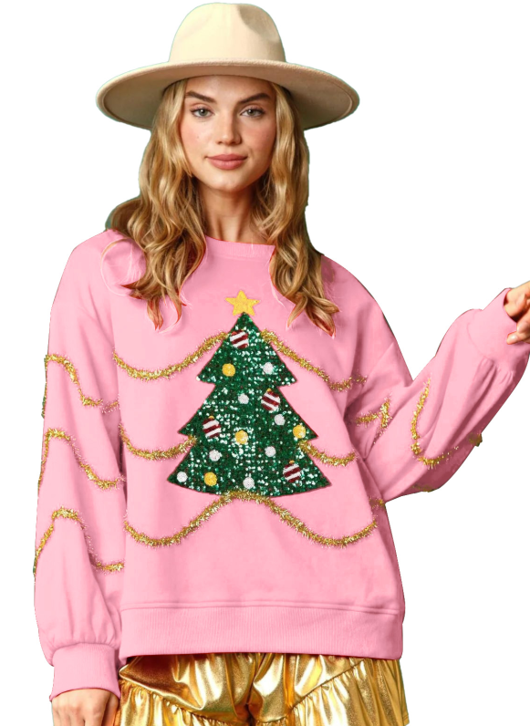 Autumn Winter Women Clothing Christmas Tree Sequined Long Sleeved Sweater Casual Loose Top Women Pink