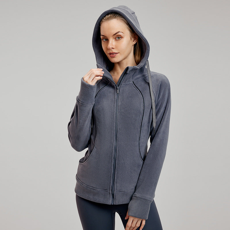 Fleece lined Thermal Hooded Sweatshirt Slim Fit Slim Look Running Workout Clothes Tup Cardigan Coat Women Autumn Winter Sports Top Haiyan Ash