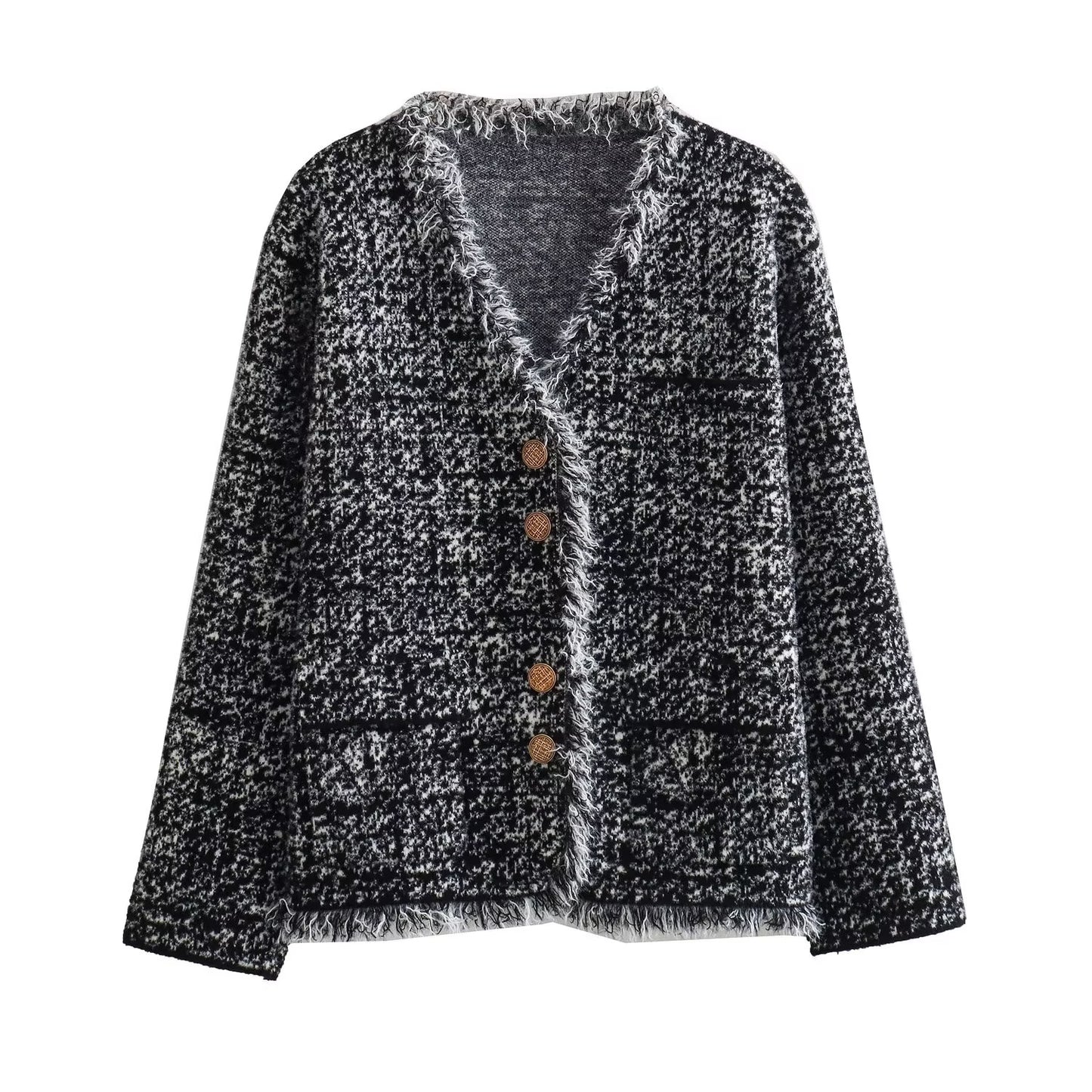 Fall Women Clothing Black Gray Fringed Burr V Neck Mink Like Knitted Coat One Size Black