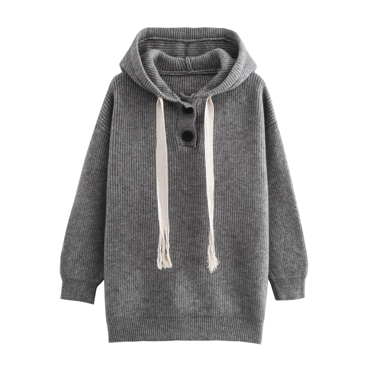 Autumn Winter Lazy Wind Sweater Hoodie Loose Simple Button Hooded Pullover Sweater One Size Gray