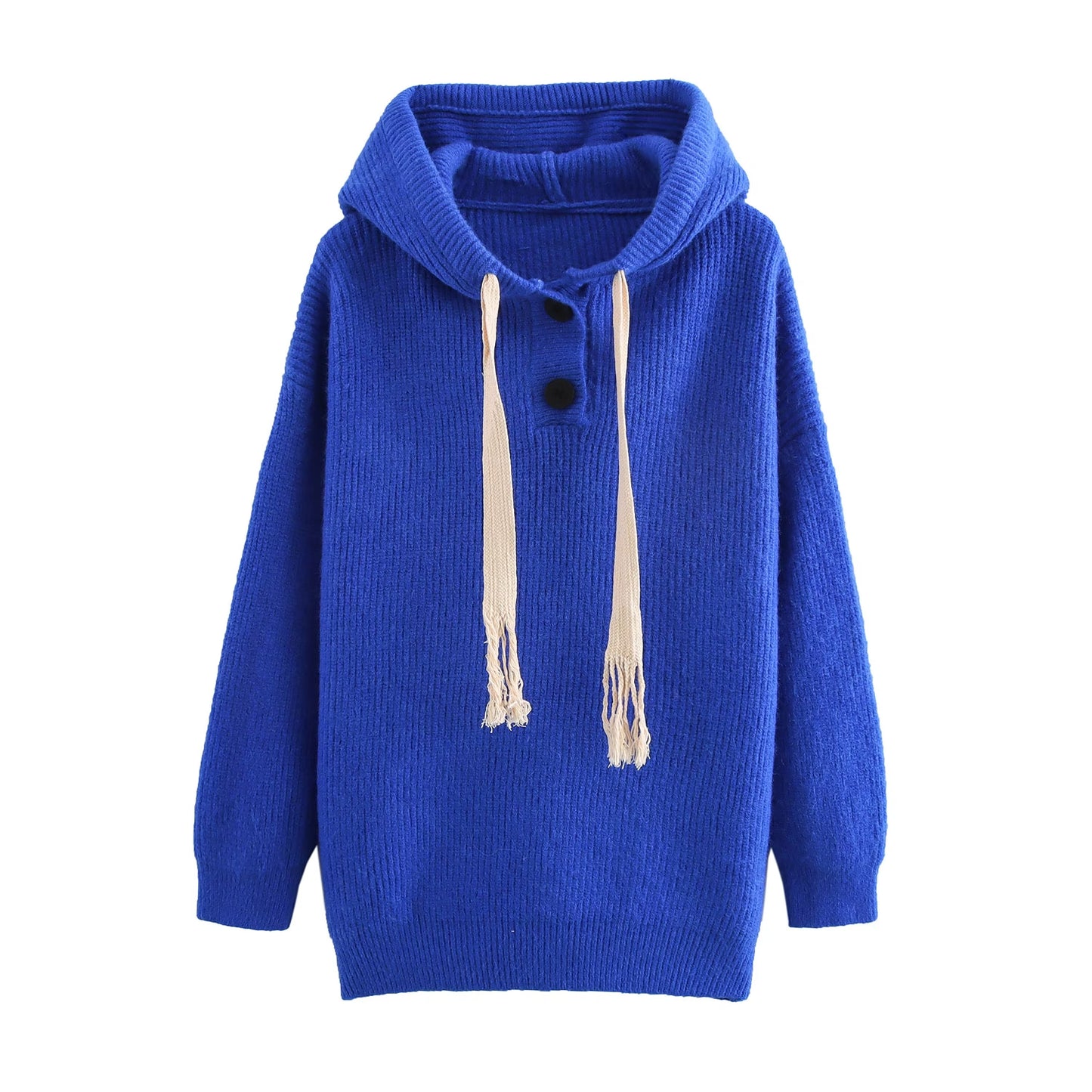 Autumn Winter Lazy Wind Sweater Hoodie Loose Simple Button Hooded Pullover Sweater One Size royal blue