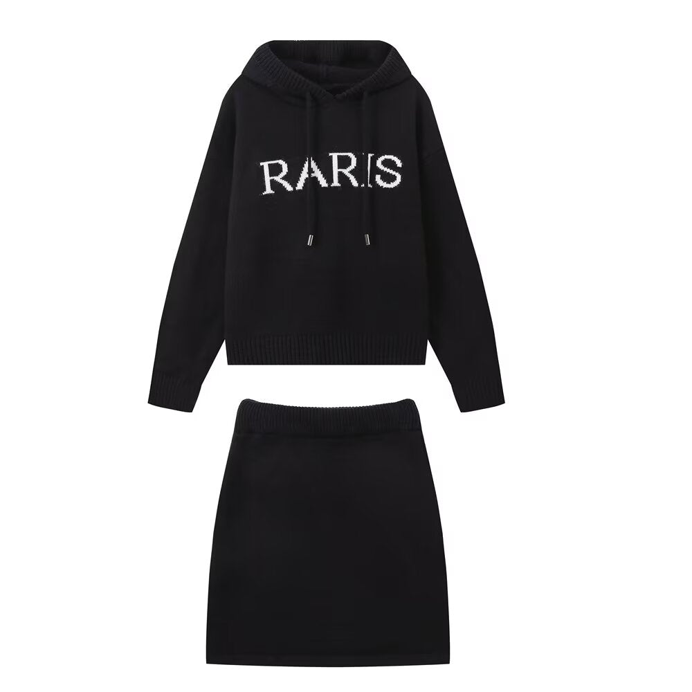 Fall Women Clothing Simple Hooded Letters Top Skirt Knitting Sets Black