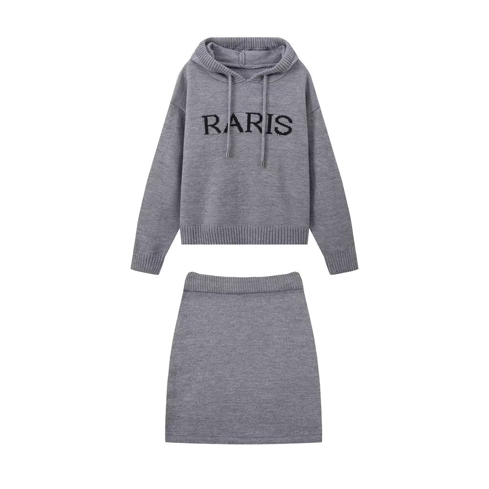 Fall Women Clothing Simple Hooded Letters Top Skirt Knitting Sets Gray