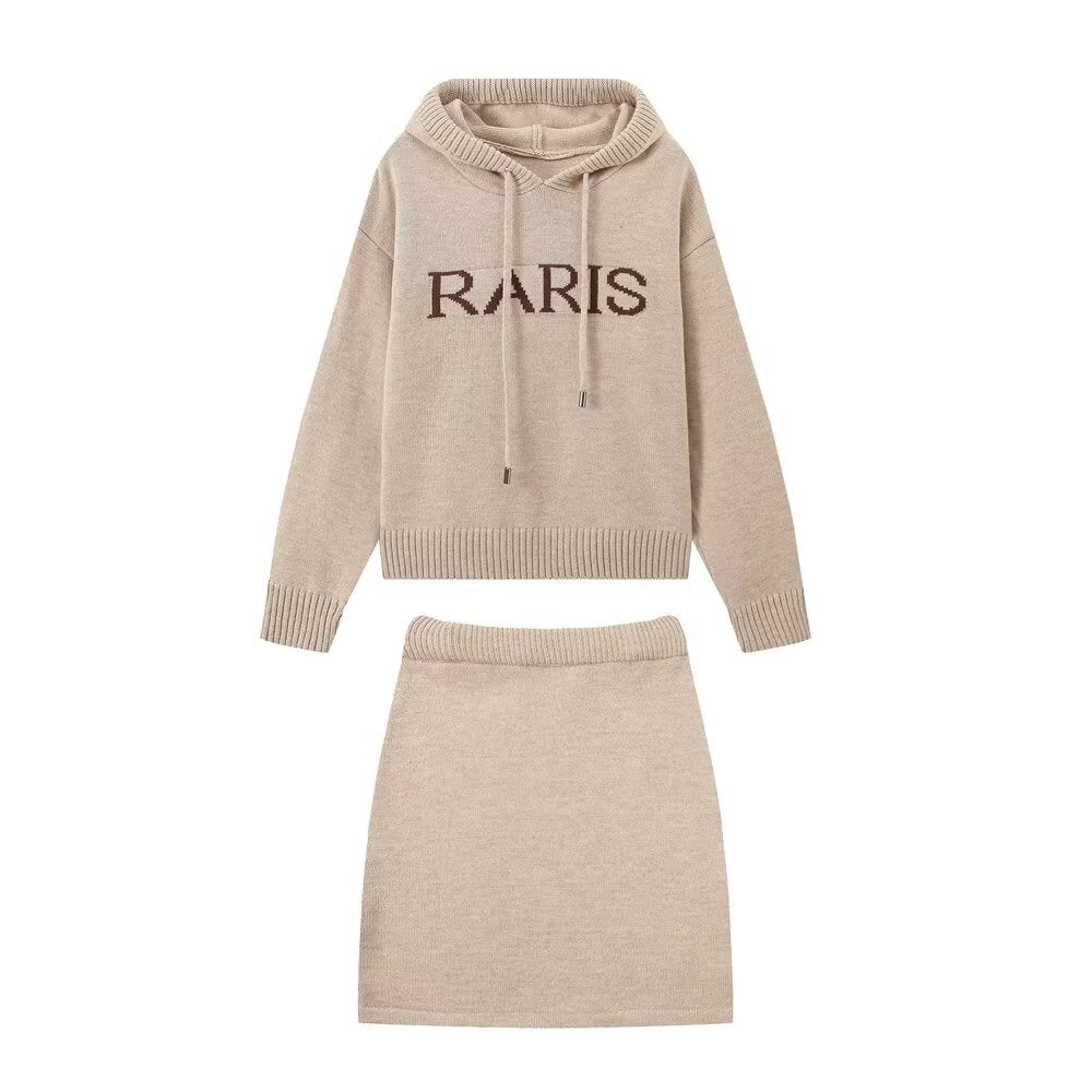 Fall Women Clothing Simple Hooded Letters Top Skirt Knitting Sets Khaki