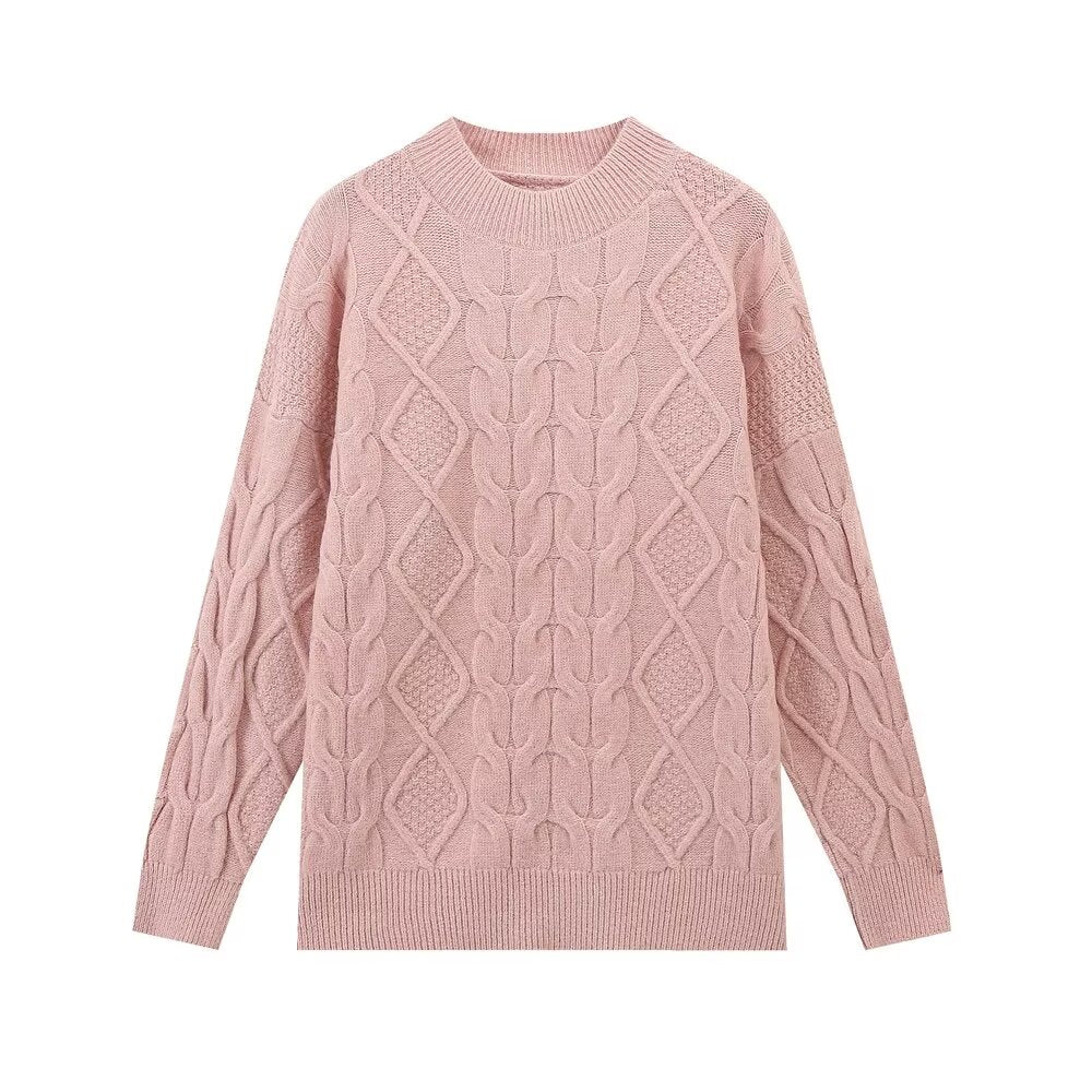 Women Clothing Simple Wheat Pullover Sweater Casual Sweater Pink