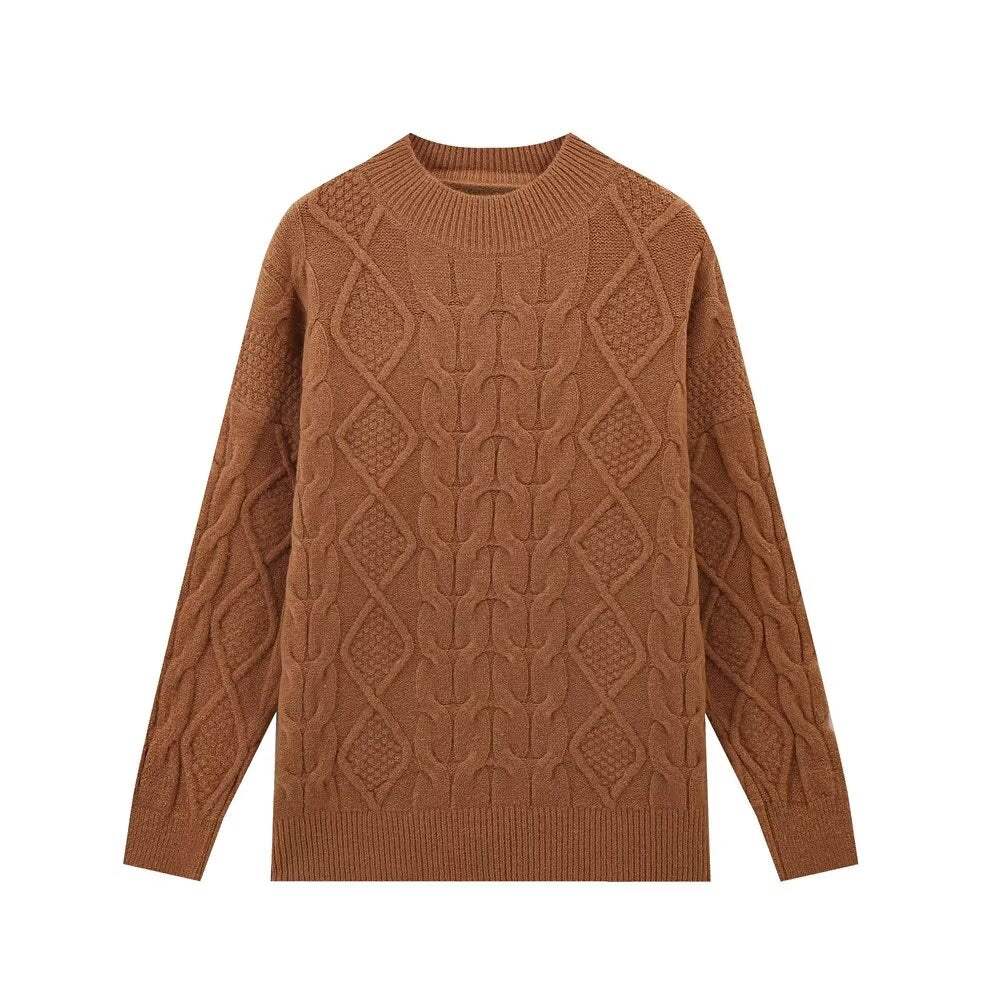 Women Clothing Simple Wheat Pullover Sweater Casual Sweater Brown