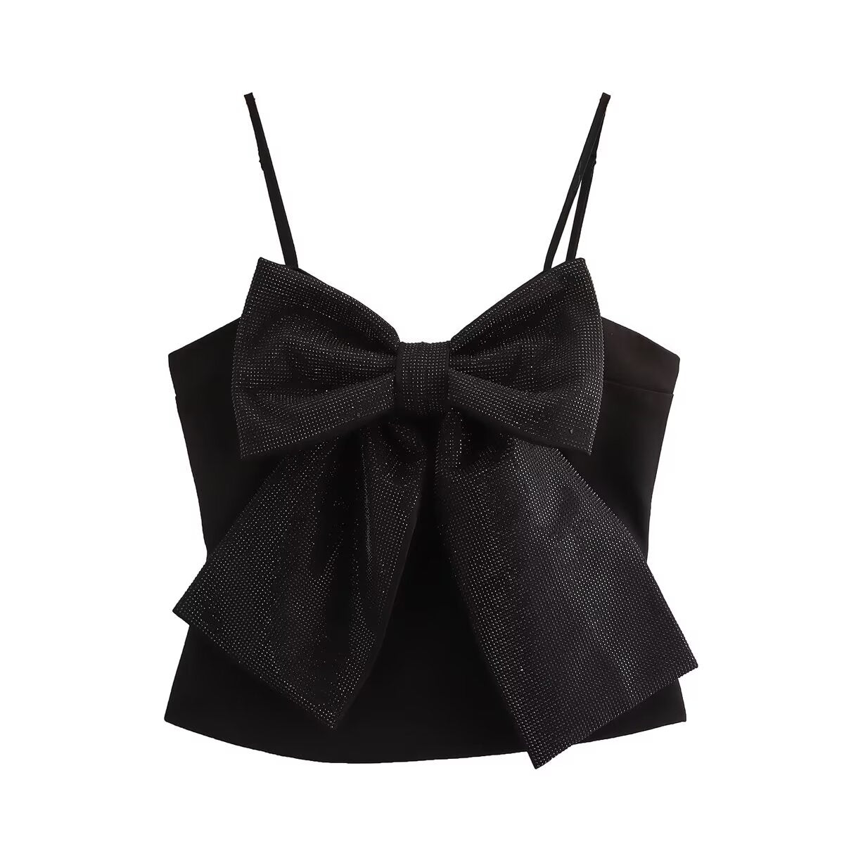 Fall Women Clothing Stylish Simple Rhinestone Bowknot Decoration Sling Top Black