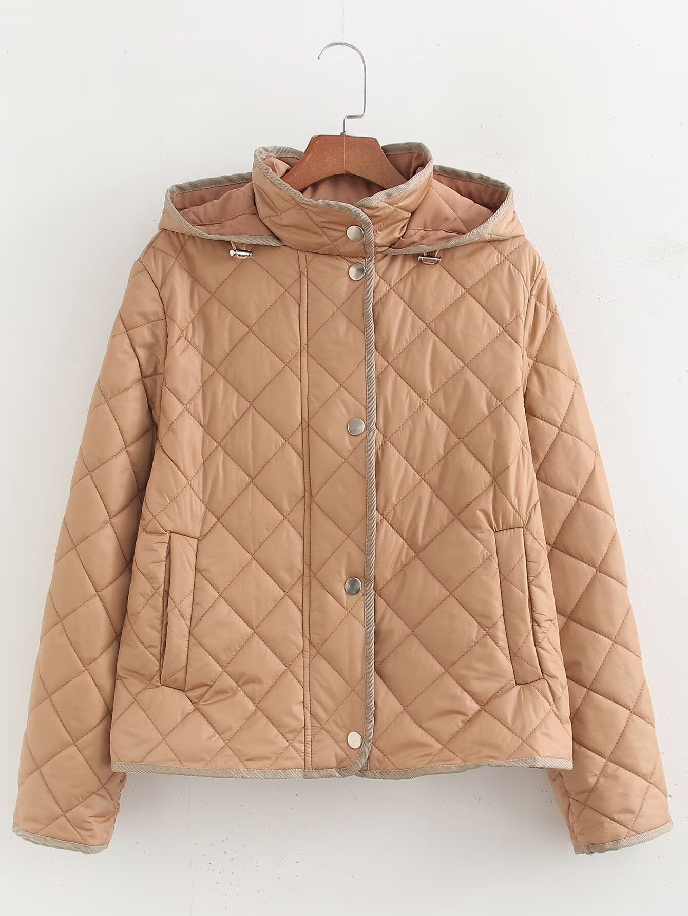 Fall Women Clothing Stylish Simple Plaid Quilted Embroidery Hooded Cotton Coat Jacket Brown