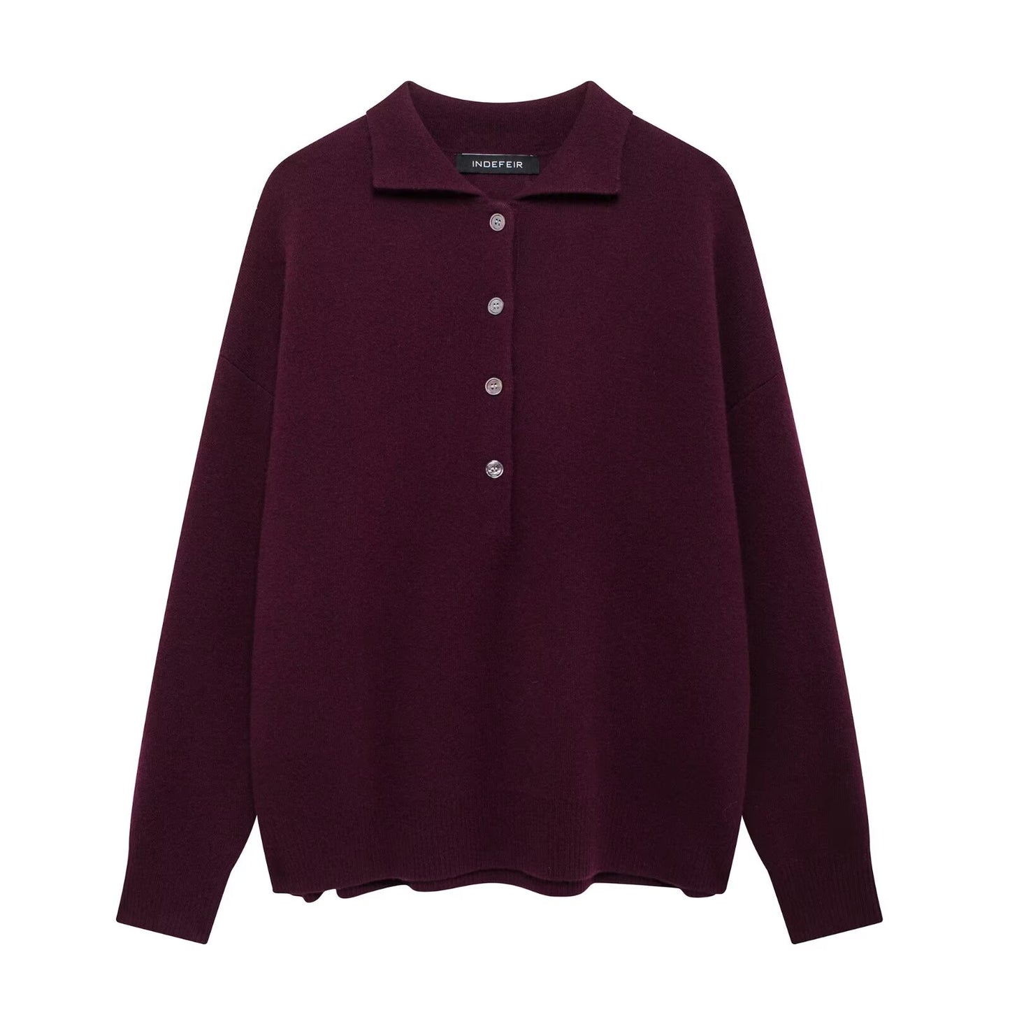 Women Blended Simple Loose Long Sleeves Polo Shirt Burgundy