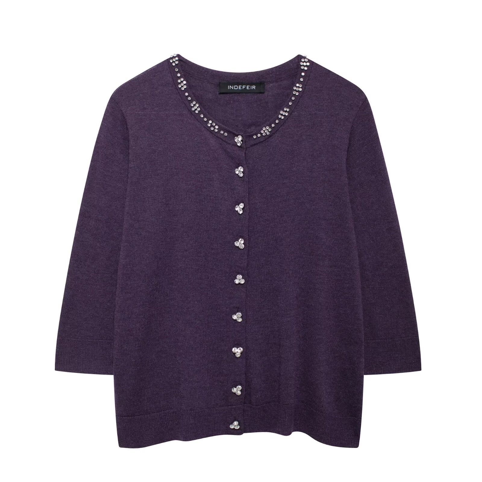 Women Jewelry Beaded V neck Cardigan Long Sleeve Knitted Coat Purple