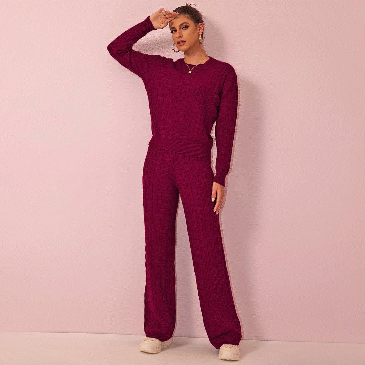 Autumn Winter Women round Neck Cable Knit Sweater Knitwear Wide Leg Pants Drape Two Piece Sets Burgundy