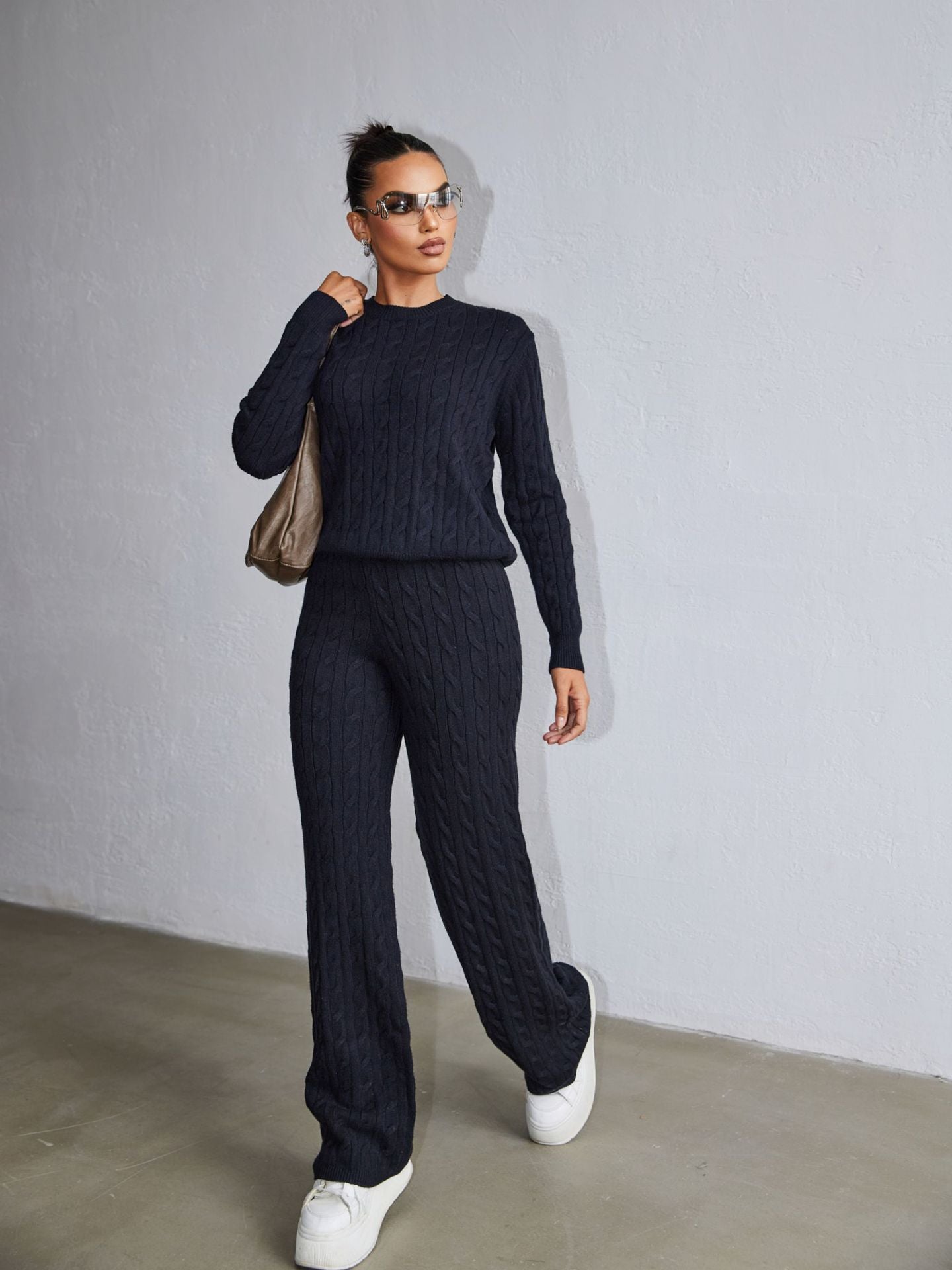 Autumn Winter Women round Neck Cable Knit Sweater Knitwear Wide Leg Pants Drape Two Piece Sets Black