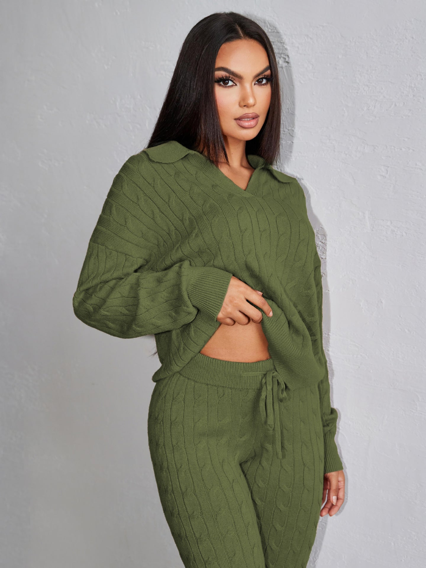 Autumn Winter Solid Color Sweater Trousers Knitted Two Piece Women Army Green