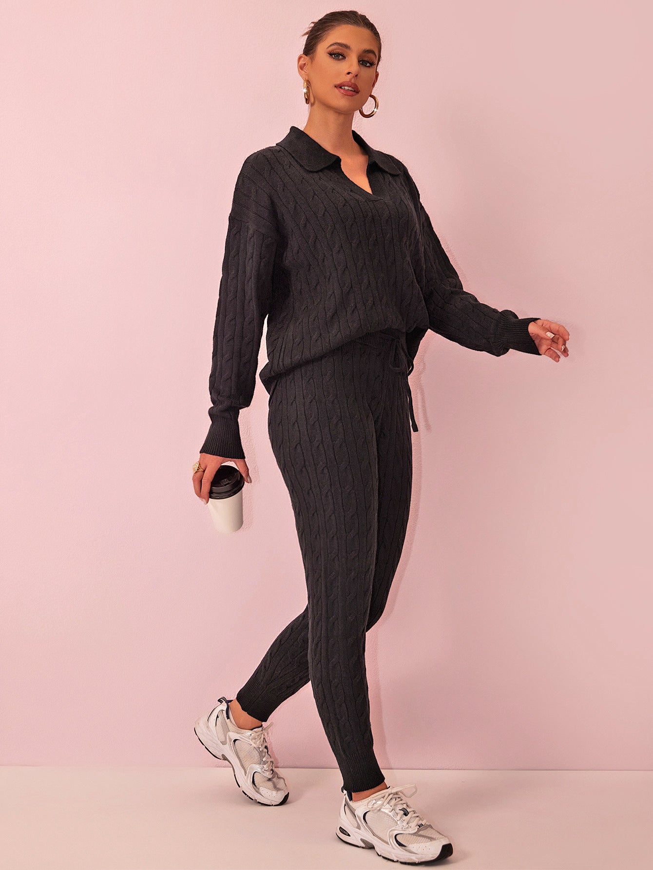 Autumn Winter Solid Color Sweater Trousers Knitted Two Piece Women Black