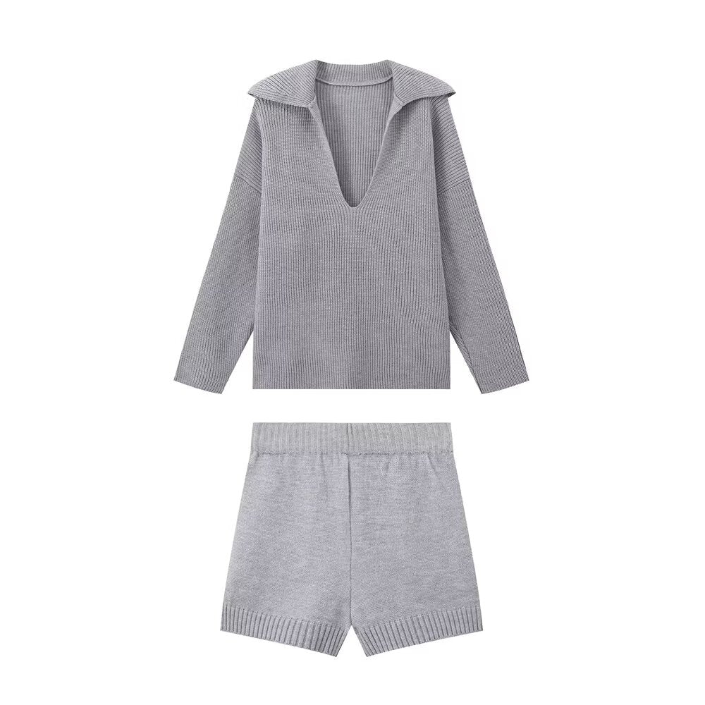 Fall Women Clothing Simple Casual V neck Top Knitted Shorts Sets Gray