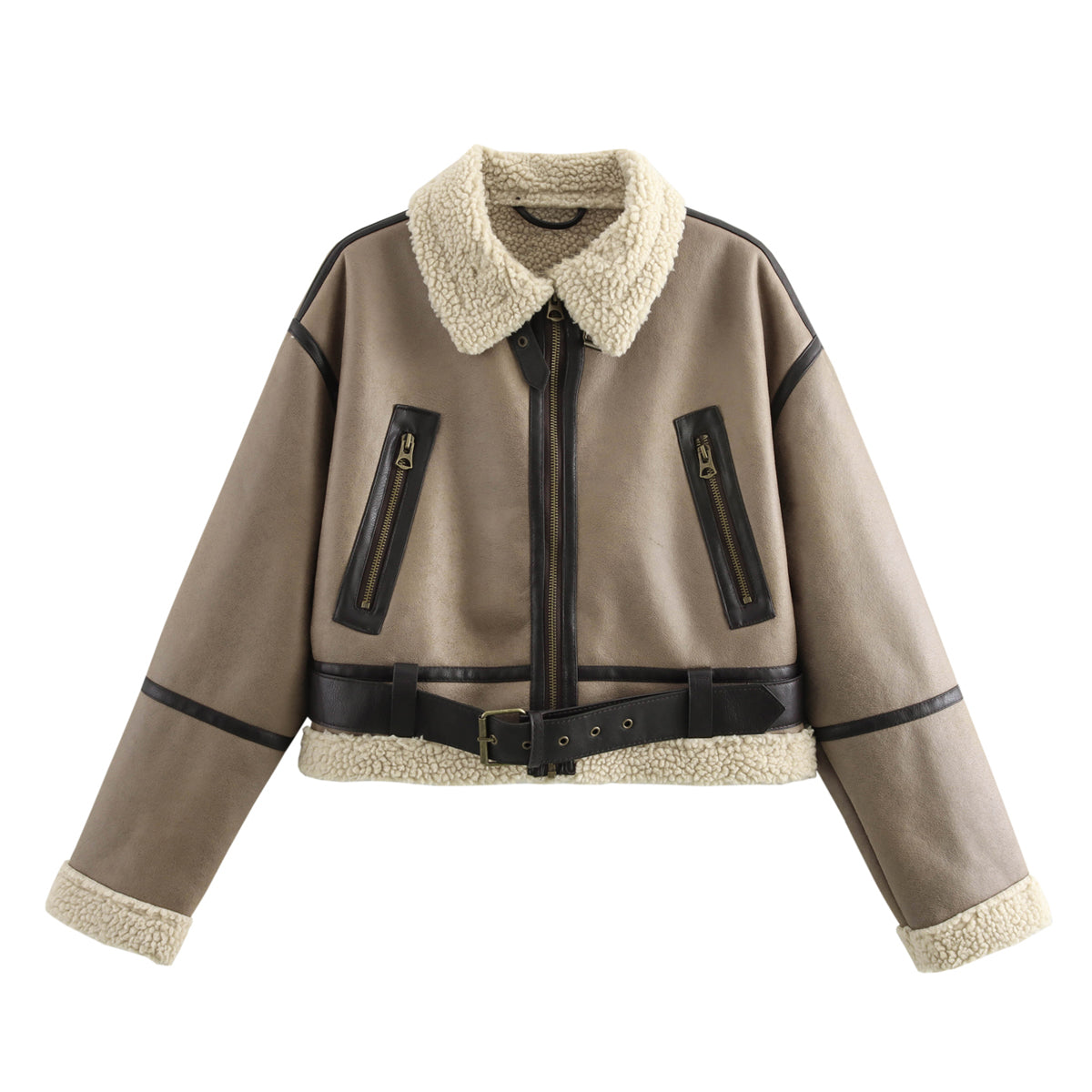 Autumn Winter Women Street Double Sided Short Jacket Khaki