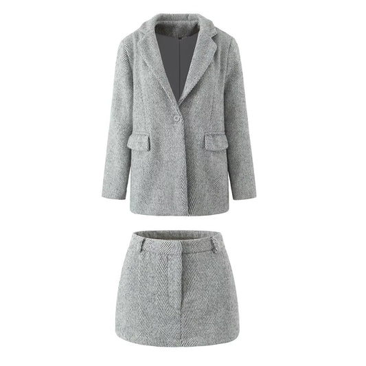 Autumn Winter Two Colors Woolen Coat A line High Waist Skirt Set