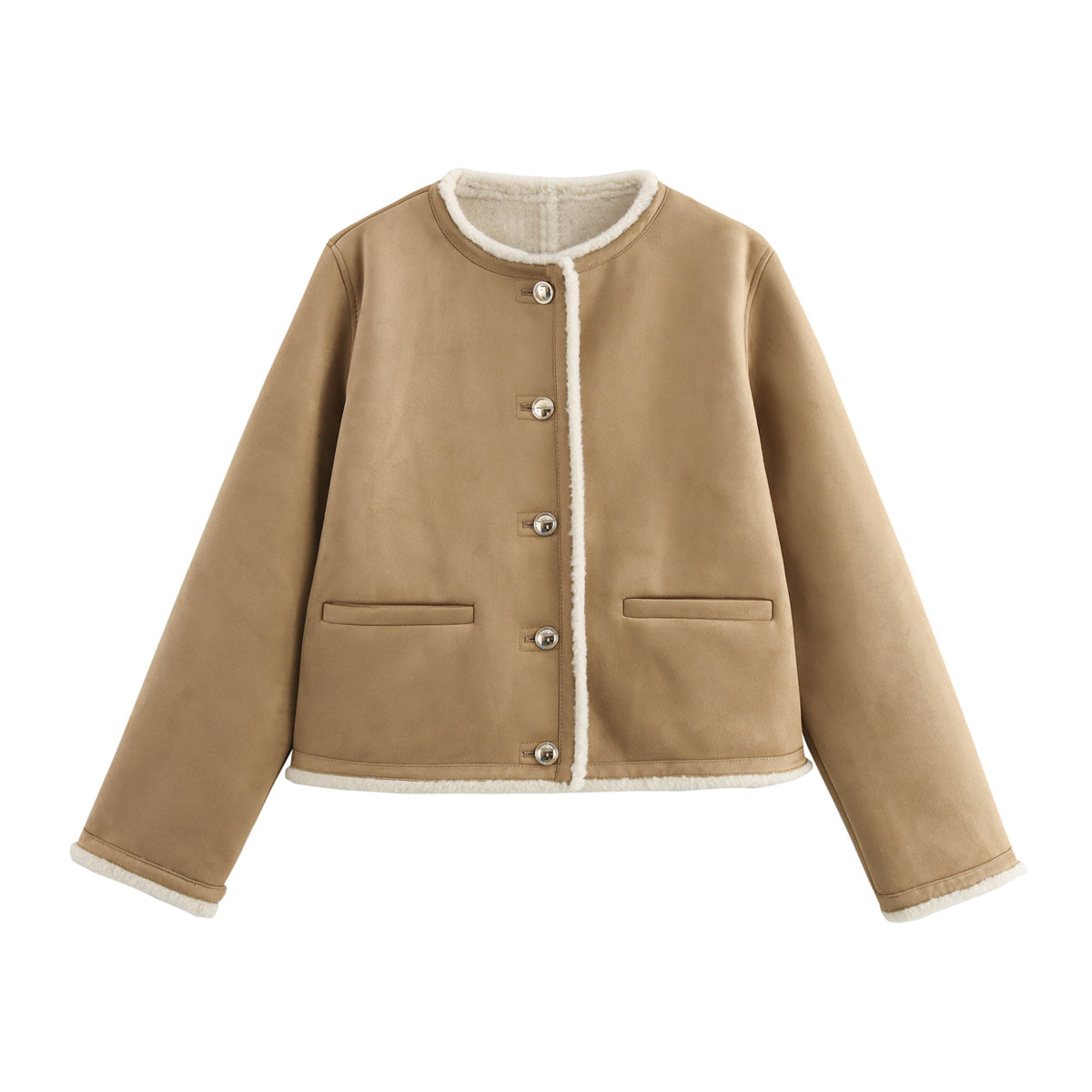 Women Clothing Autumn Winter Street Fashionable Golden Decorated Row Button Double Sided Short Suede Coat Khaki