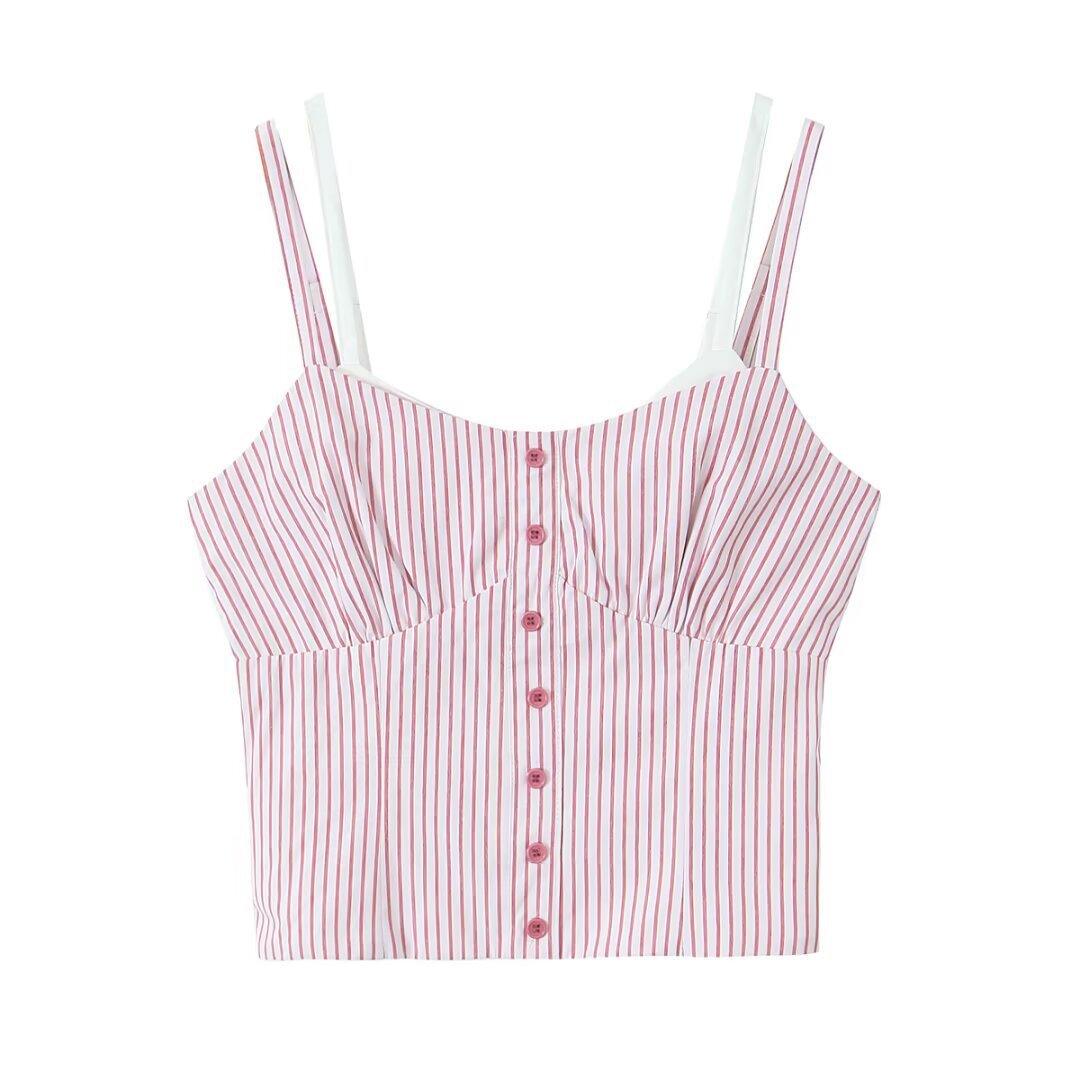 French Vintage Stripe Small Sling Sexy Slim Fit Faux Two Piece Small Top Double Layer Shoulder Strap Camisole