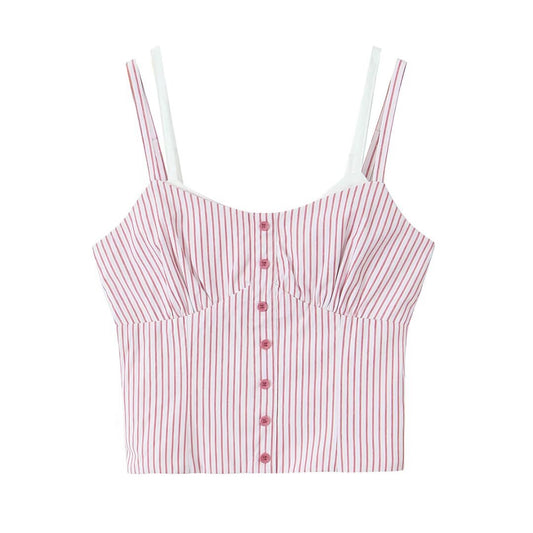 French Vintage Stripe Small Sling Sexy Slim Fit Faux Two Piece Small Top Double Layer Shoulder Strap Camisole