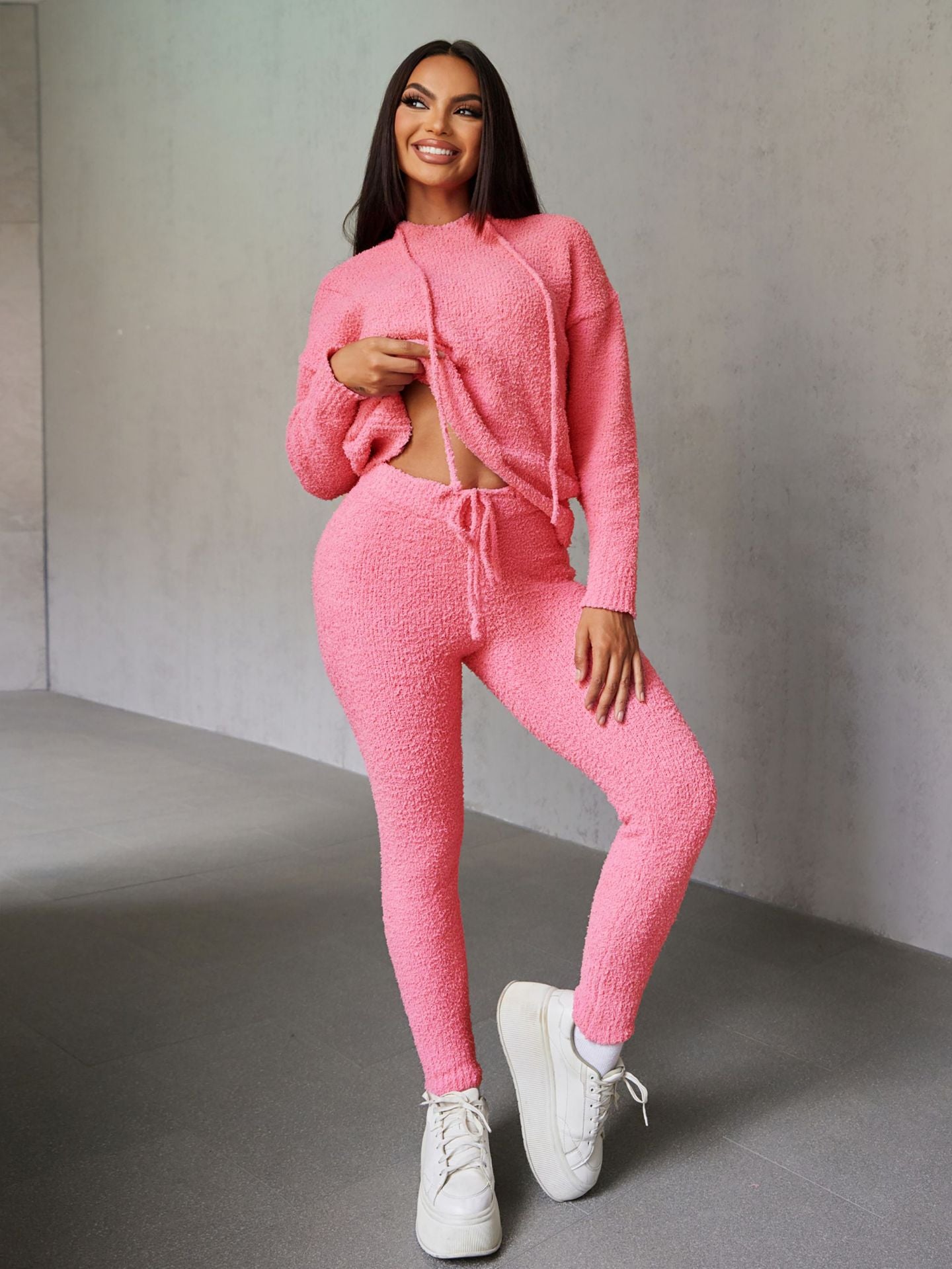 Women Clothing Autumn Winter Sweater Casual Hooded Plush Slim Fit Two Piece Sets Pink